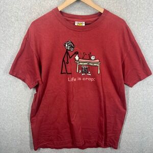 Life is Crap T-Shirt Mens Large Red Graphic Funny Stick Figure‎ EUC